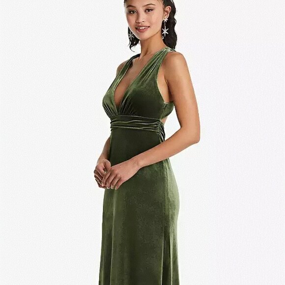 Plunging Neckline Velvet Maxi Dress W/Criss Cross Back...TH082..Olive Green...L - Picture 5 of 7